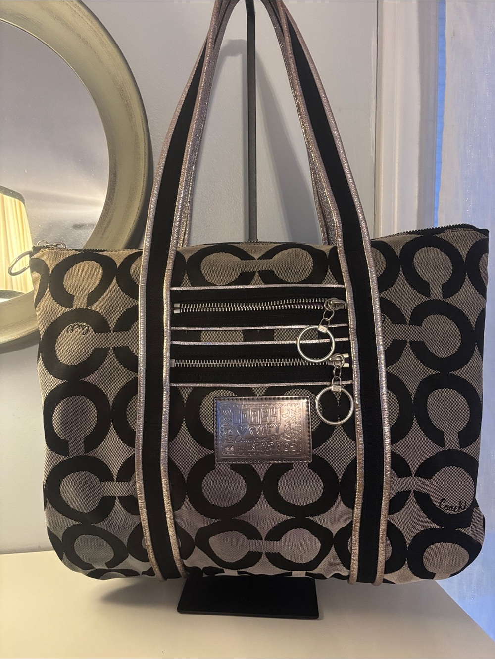 Coach poppy Black and Beige Signature Circle-Print Tote with Metallic Trim